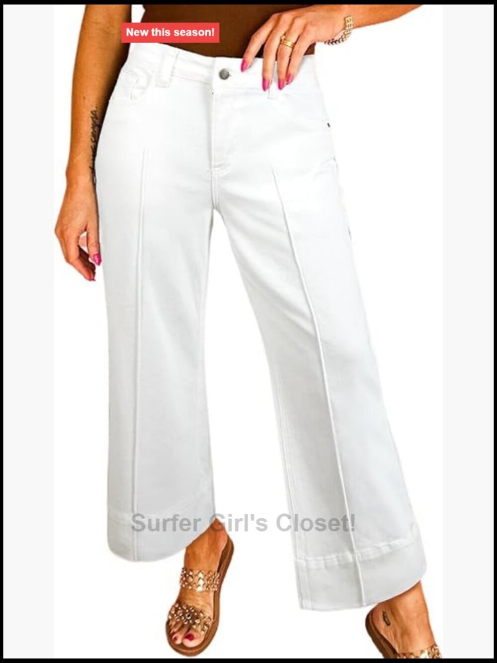 High Waisted Wide Leg Cropped Jeans with Vertical Seams Stretchy Casual Denim